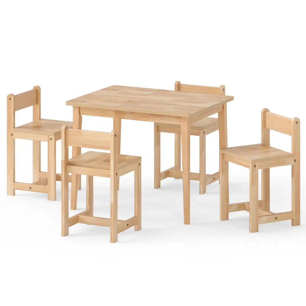 5-Piece Kids Table and Chairs Set Solid Rubber Wood Toddler Activity Table-Natural - Natural - Kids Table & Chair Sets