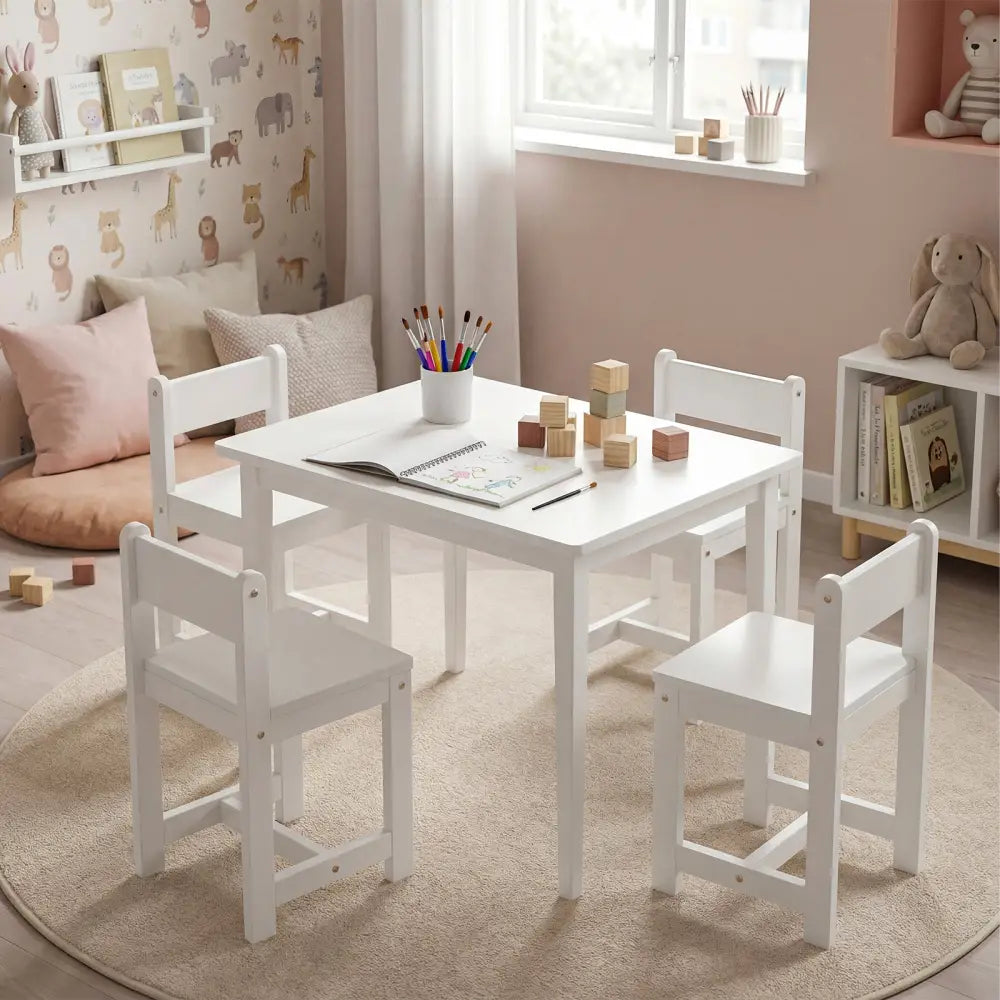 5-Piece Kids Table and Chairs Set Solid Rubber Wood Toddler Activity Table-White - White - Kids Table & Chair Sets