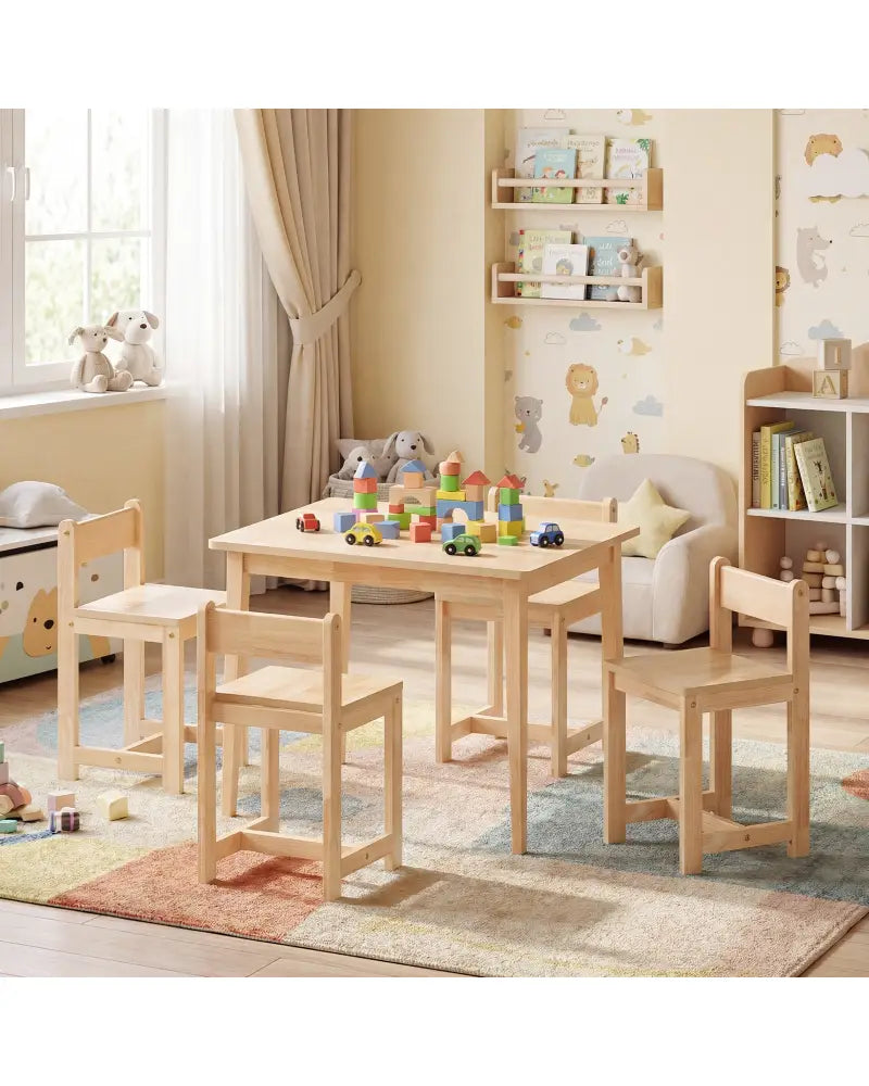 5-Piece Kids Table and Chairs Set Solid Rubber Wood Toddler Activity Table-Natural - Natural - Kids Table & Chair Sets