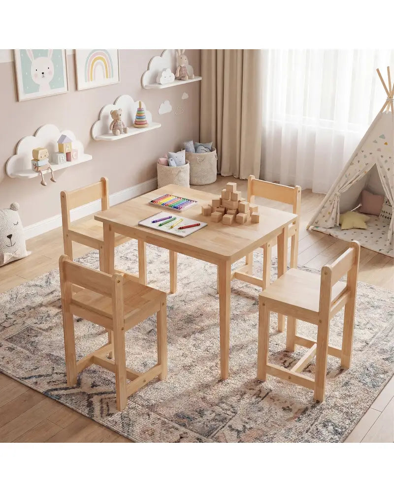 5-Piece Kids Table and Chairs Set Solid Rubber Wood Toddler Activity Table-Natural - Natural - Kids Table & Chair Sets