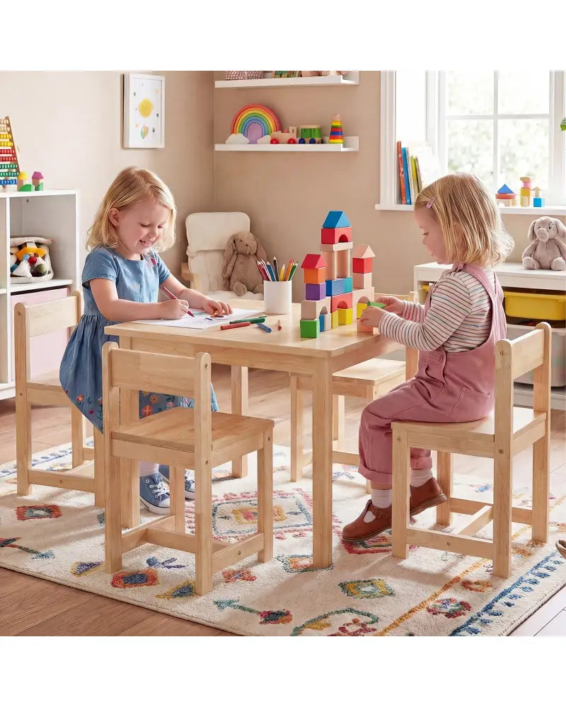 5-Piece Kids Table and Chairs Set Solid Rubber Wood Toddler Activity Table-Natural - Natural - Kids Table & Chair Sets