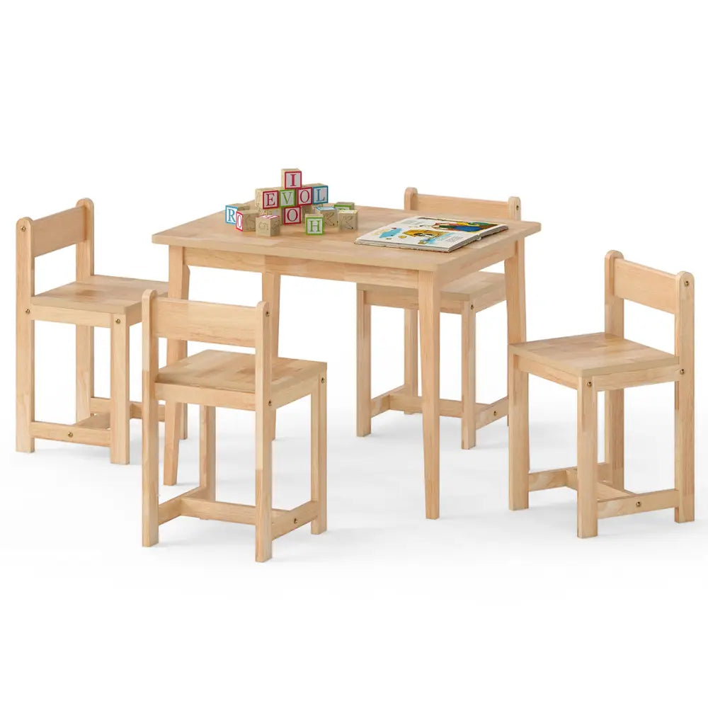 5-Piece Kids Table and Chairs Set Solid Rubber Wood Toddler Activity Table-Natural - Natural - Kids Table & Chair Sets