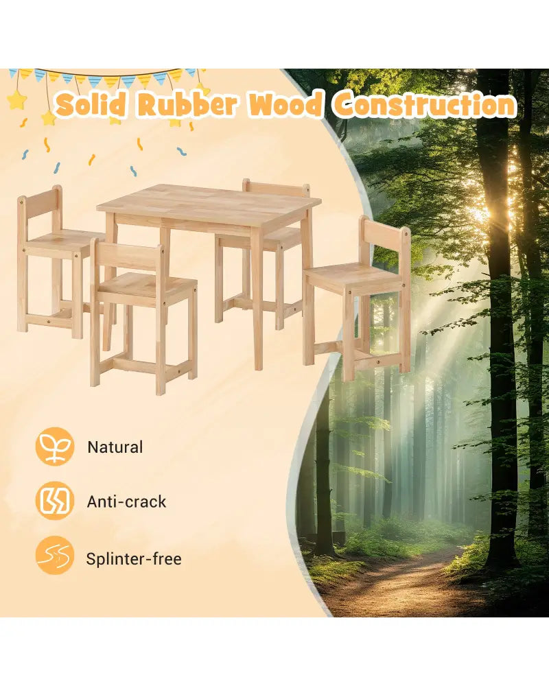 5-Piece Kids Table and Chairs Set Solid Rubber Wood Toddler Activity Table-Natural - Natural - Kids Table & Chair Sets