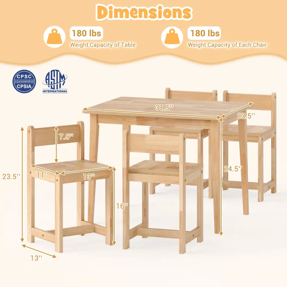 5-Piece Kids Table and Chairs Set Solid Rubber Wood Toddler Activity Table-Natural - Natural - Kids Table & Chair Sets
