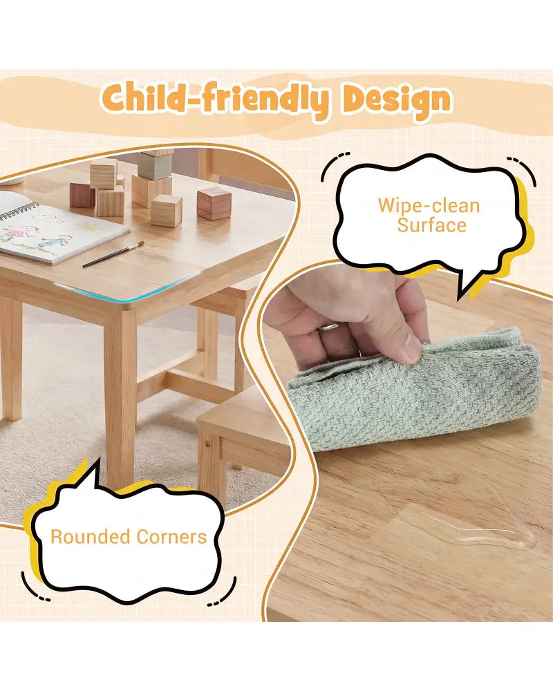 5-Piece Kids Table and Chairs Set Solid Rubber Wood Toddler Activity Table-Natural - Natural - Kids Table & Chair Sets