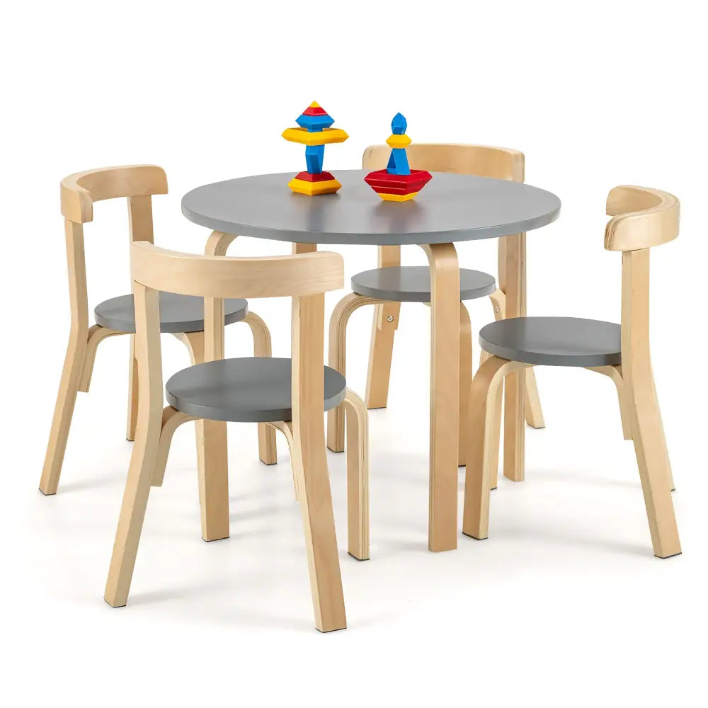 5-Piece Kids Wooden Curved Back Activity Table and Chair Set with Toy Bricks-Gray - Gray - Kids Table & Chair Sets