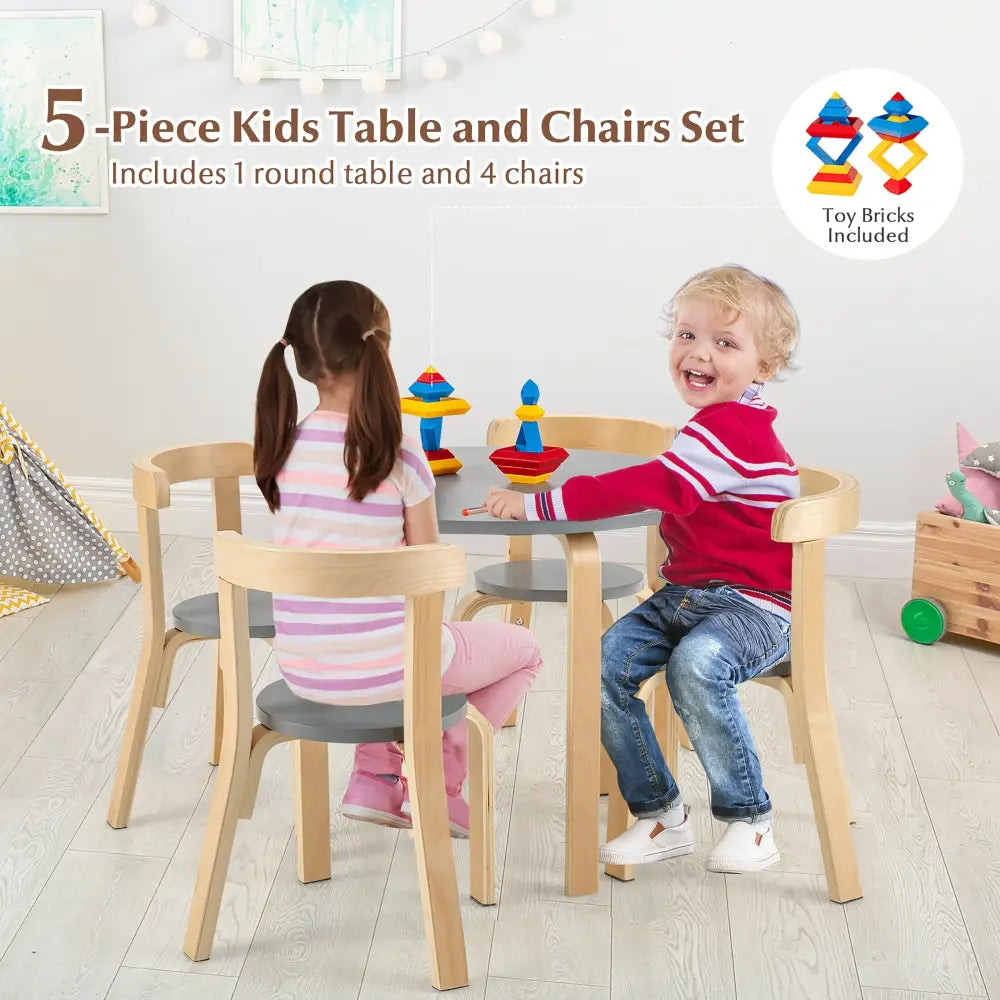5-Piece Kids Wooden Curved Back Activity Table and Chair Set with Toy Bricks-Gray - Gray - Kids Table & Chair Sets