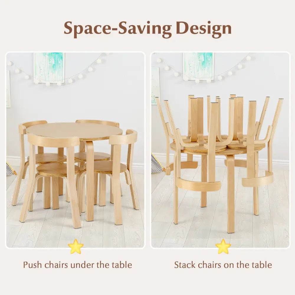 5-Piece Kids Wooden Curved Back Activity Table and Chair Set with Toy Bricks-Natural - Natural - Kids Table & Chair Sets
