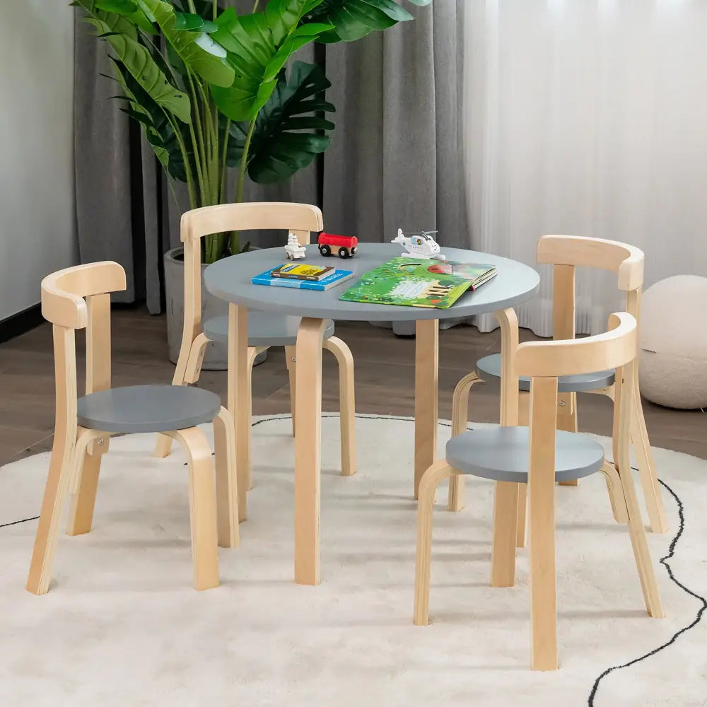 5-Piece Kids Wooden Curved Back Activity Table and Chair Set with Toy Bricks-Gray - Gray - Kids Table & Chair Sets