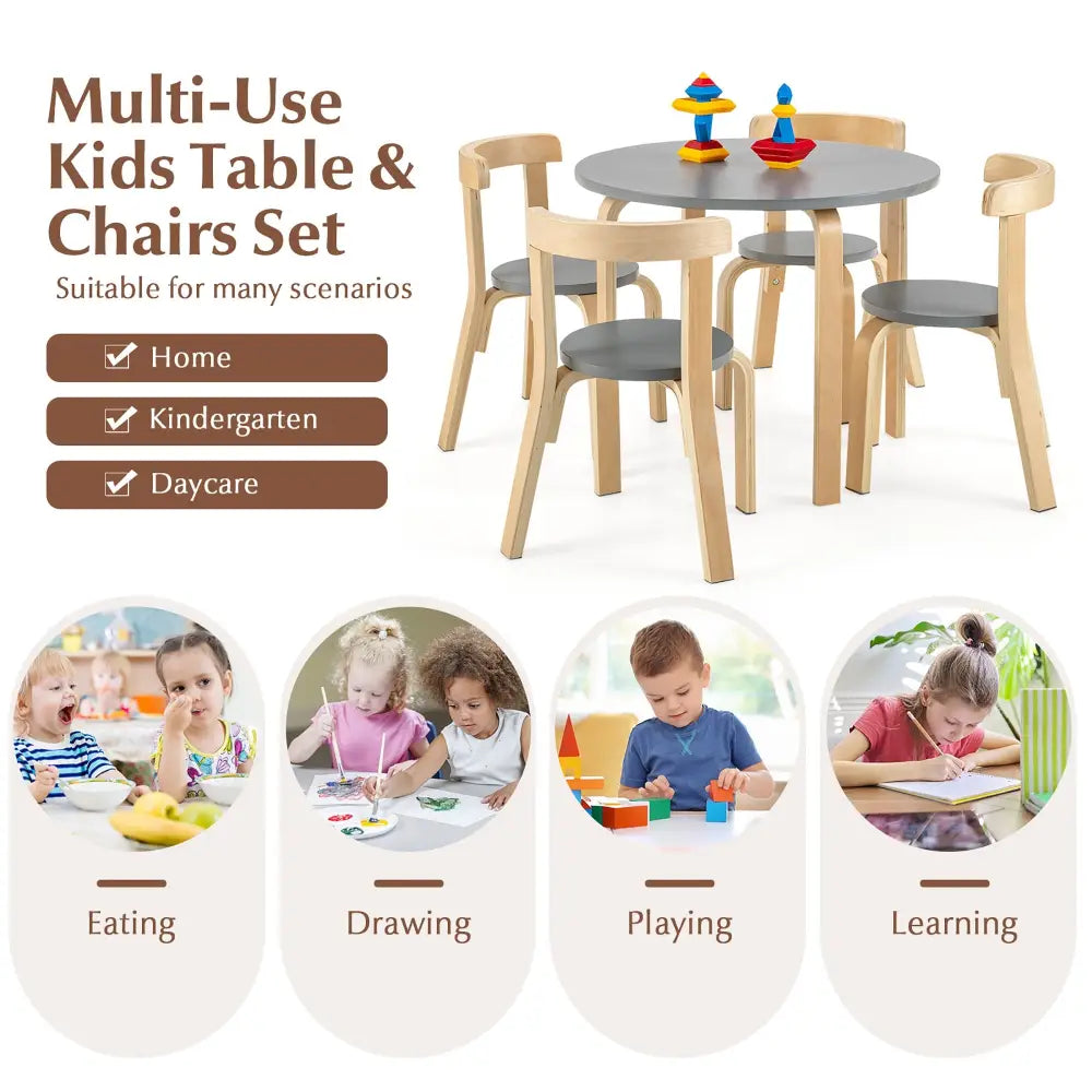 5-Piece Kids Wooden Curved Back Activity Table and Chair Set with Toy Bricks-Gray - Gray - Kids Table & Chair Sets