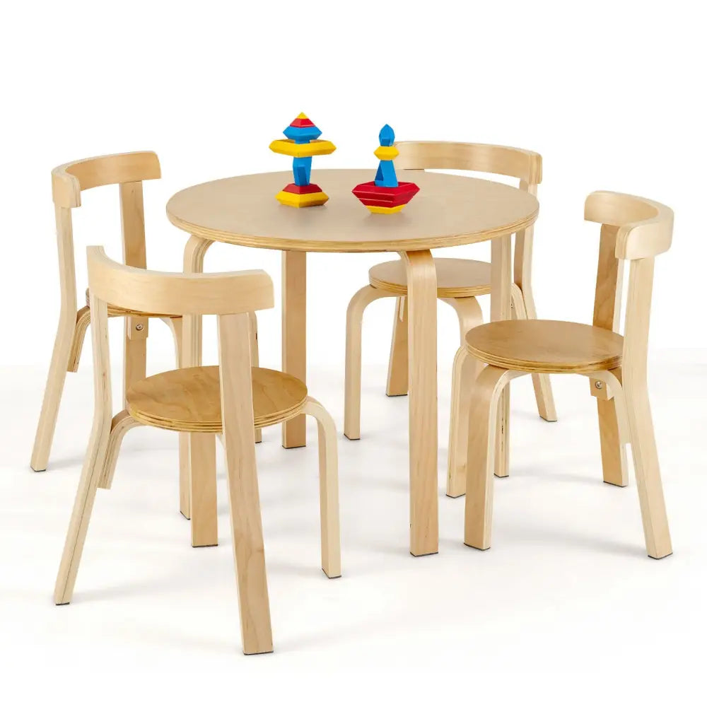 5-Piece Kids Wooden Curved Back Activity Table and Chair Set with Toy Bricks-Natural - Natural - Kids Table & Chair Sets