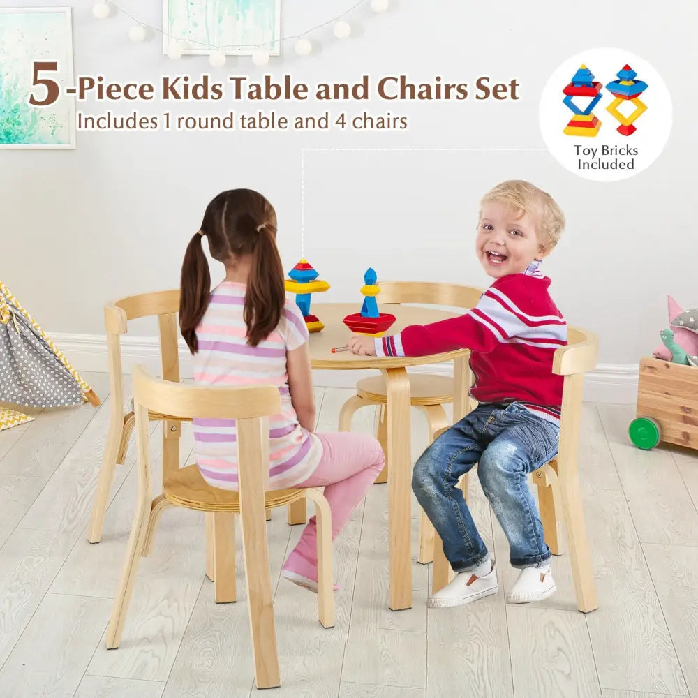 5-Piece Kids Wooden Curved Back Activity Table and Chair Set with Toy Bricks-Natural - Natural - Kids Table & Chair Sets