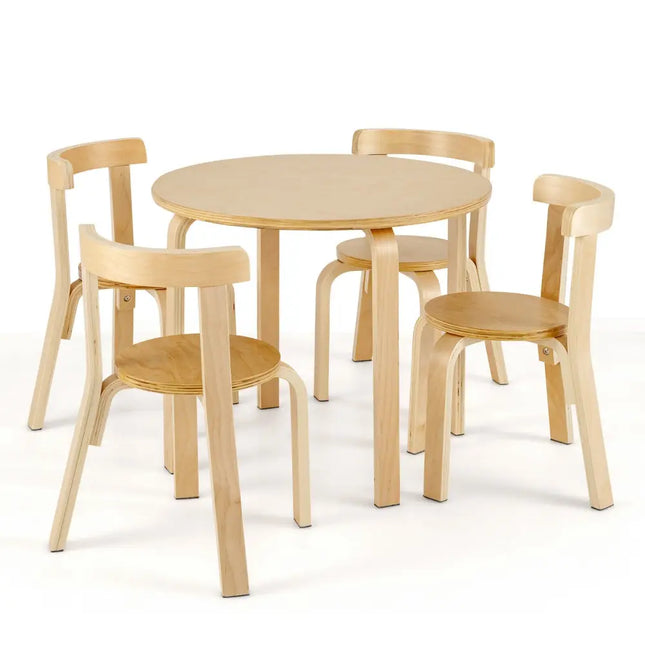 5-Piece Kids Wooden Curved Back Activity Table and Chair Set with Toy Bricks-Natural - Natural - Kids Table & Chair Sets