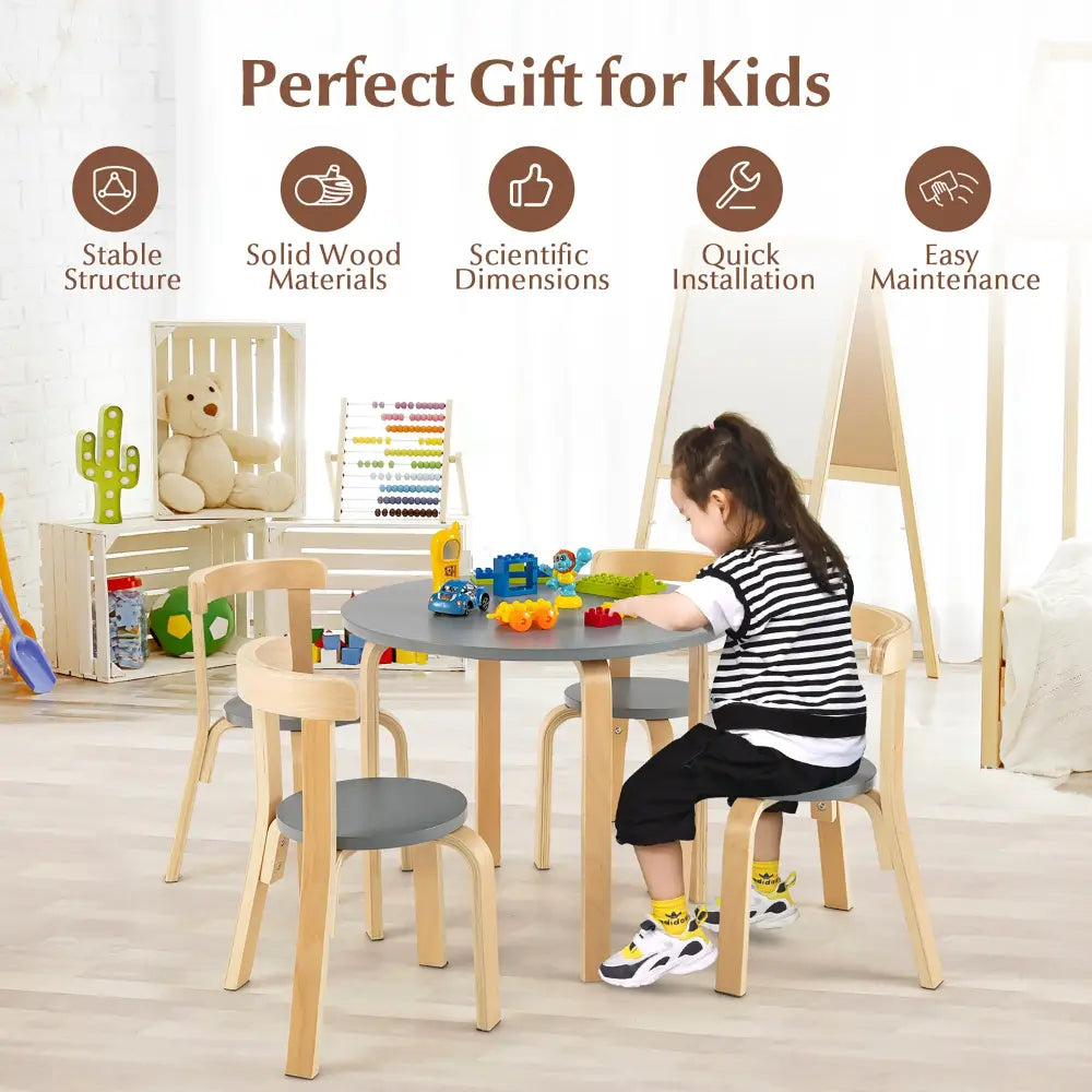 5-Piece Kids Wooden Curved Back Activity Table and Chair Set with Toy Bricks-Gray - Gray - Kids Table & Chair Sets