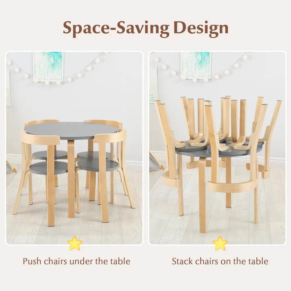 5-Piece Kids Wooden Curved Back Activity Table and Chair Set with Toy Bricks-Gray - Gray - Kids Table & Chair Sets