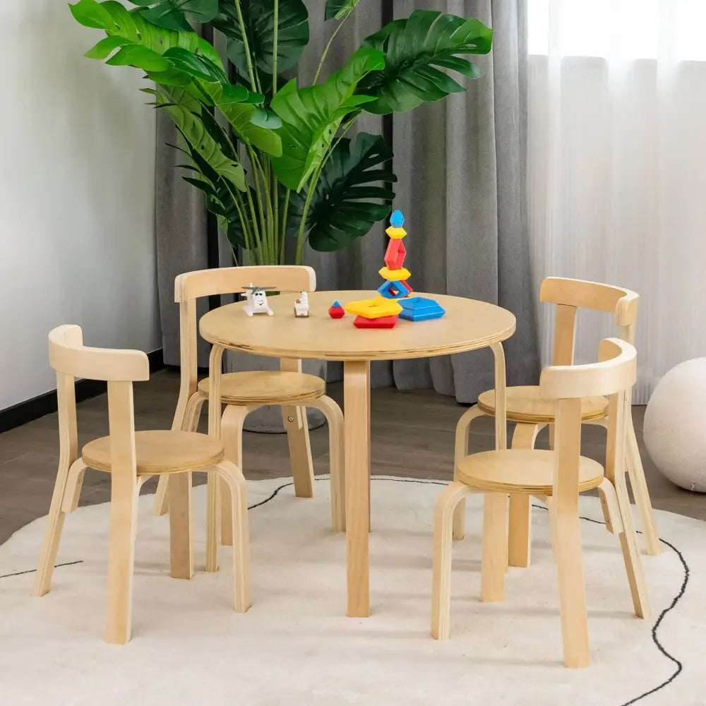 5-Piece Kids Wooden Curved Back Activity Table and Chair Set with Toy Bricks-Natural - Natural - Kids Table & Chair Sets