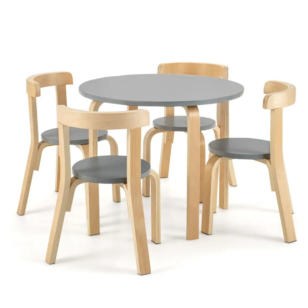 5-Piece Kids Wooden Curved Back Activity Table and Chair Set with Toy Bricks-Gray - Gray - Kids Table & Chair Sets