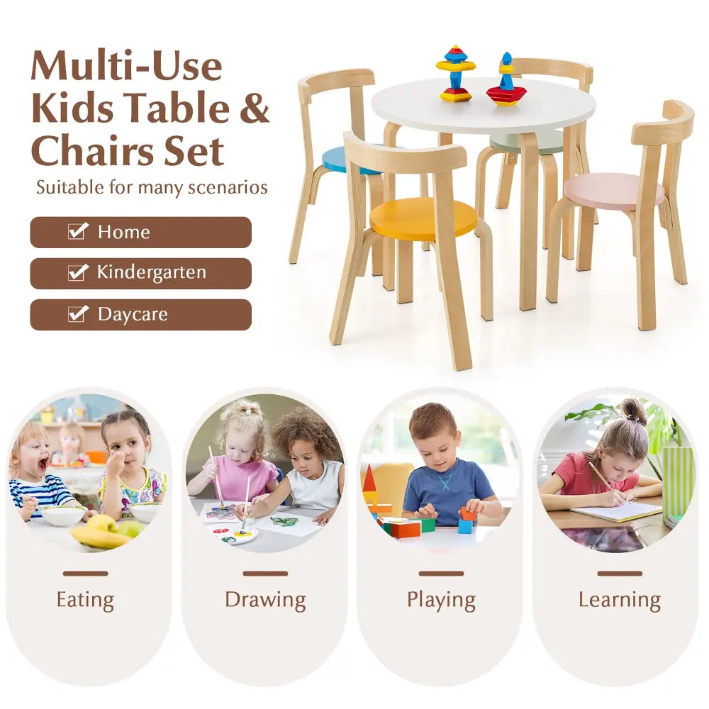 5-Piece Kids Wooden Curved Back Activity Table and Chair Set withToy Bricks - Multicolor - Kids Table & Chair Sets