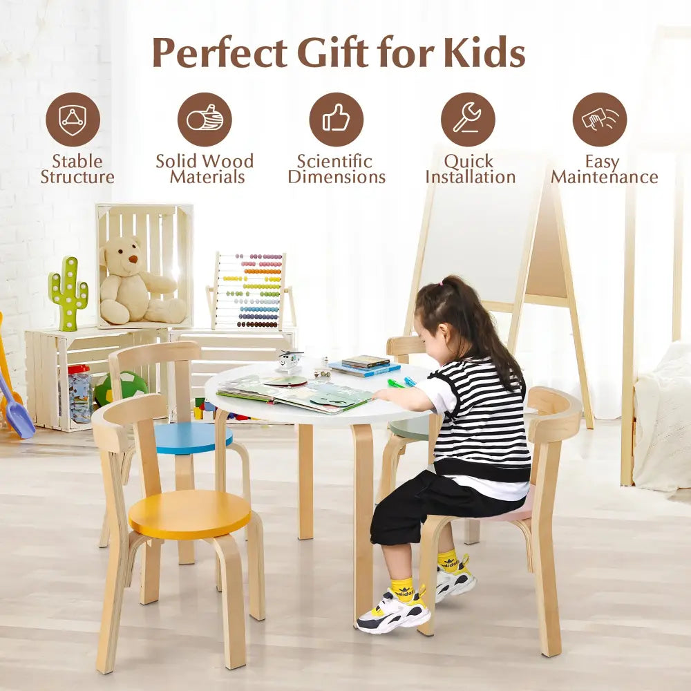 5-Piece Kids Wooden Curved Back Activity Table and Chair Set withToy Bricks - Multicolor - Kids Table & Chair Sets