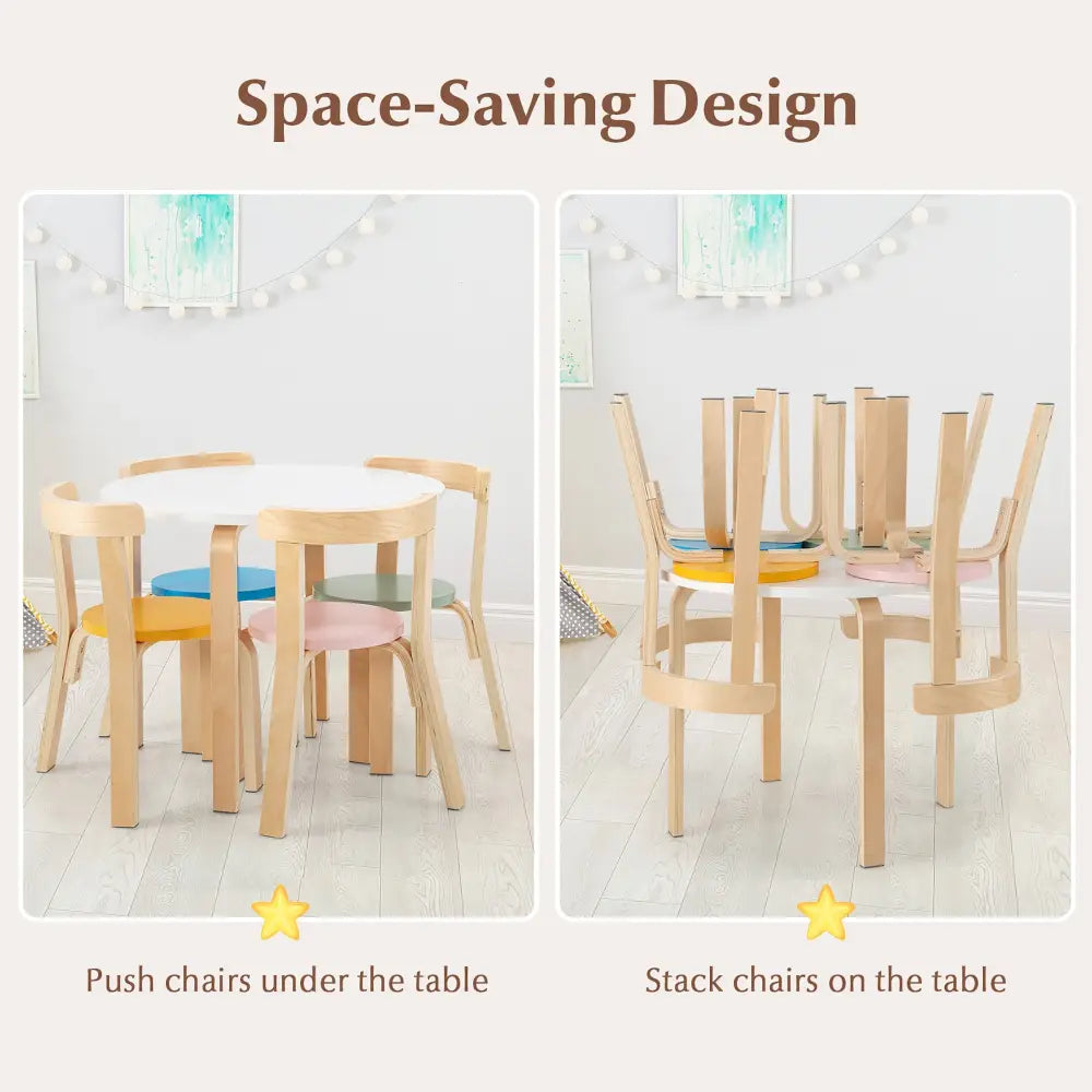 5-Piece Kids Wooden Curved Back Activity Table and Chair Set withToy Bricks - Multicolor - Kids Table & Chair Sets