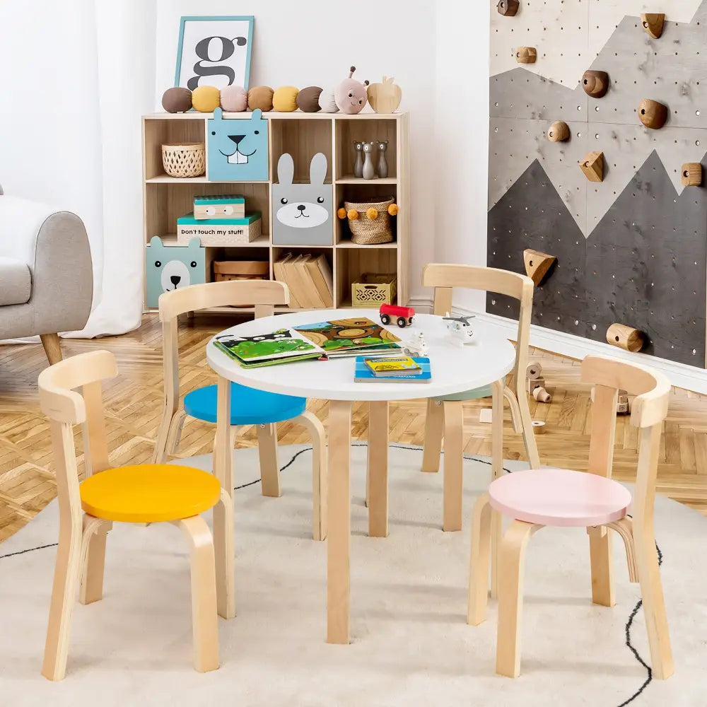 5-Piece Kids Wooden Curved Back Activity Table and Chair Set withToy Bricks - Multicolor - Kids Table & Chair Sets