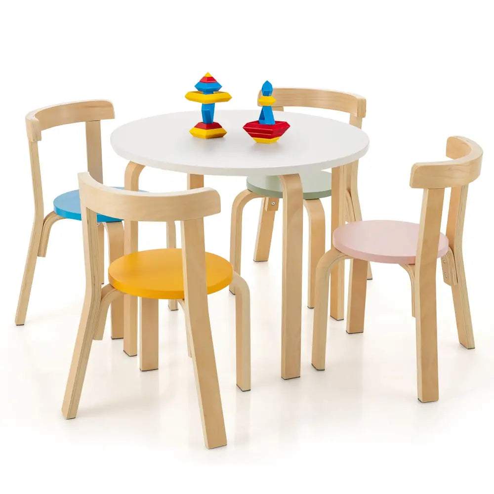 5-Piece Kids Wooden Curved Back Activity Table and Chair Set withToy Bricks - Multicolor - Kids Table & Chair Sets