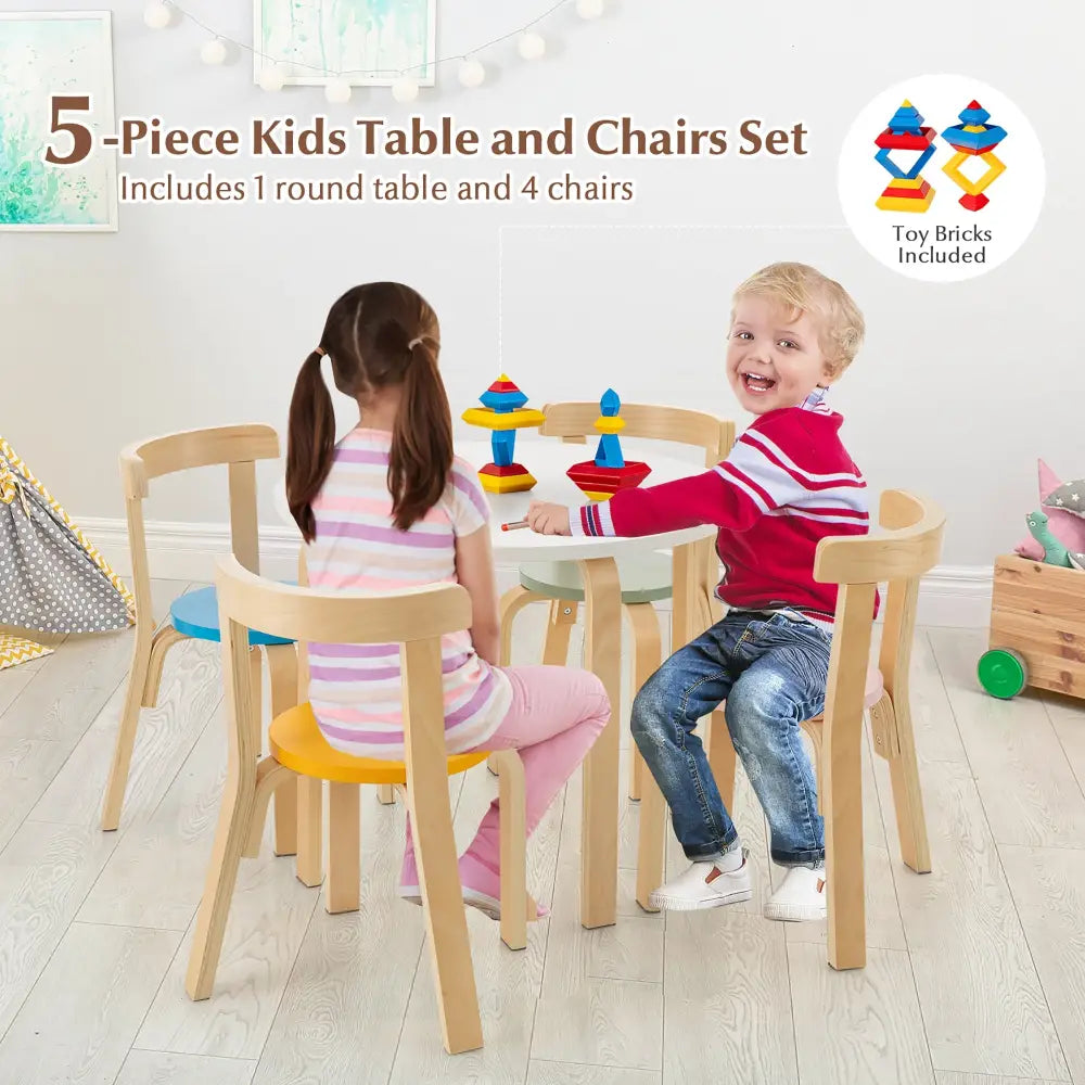 5-Piece Kids Wooden Curved Back Activity Table and Chair Set withToy Bricks - Multicolor - Kids Table & Chair Sets