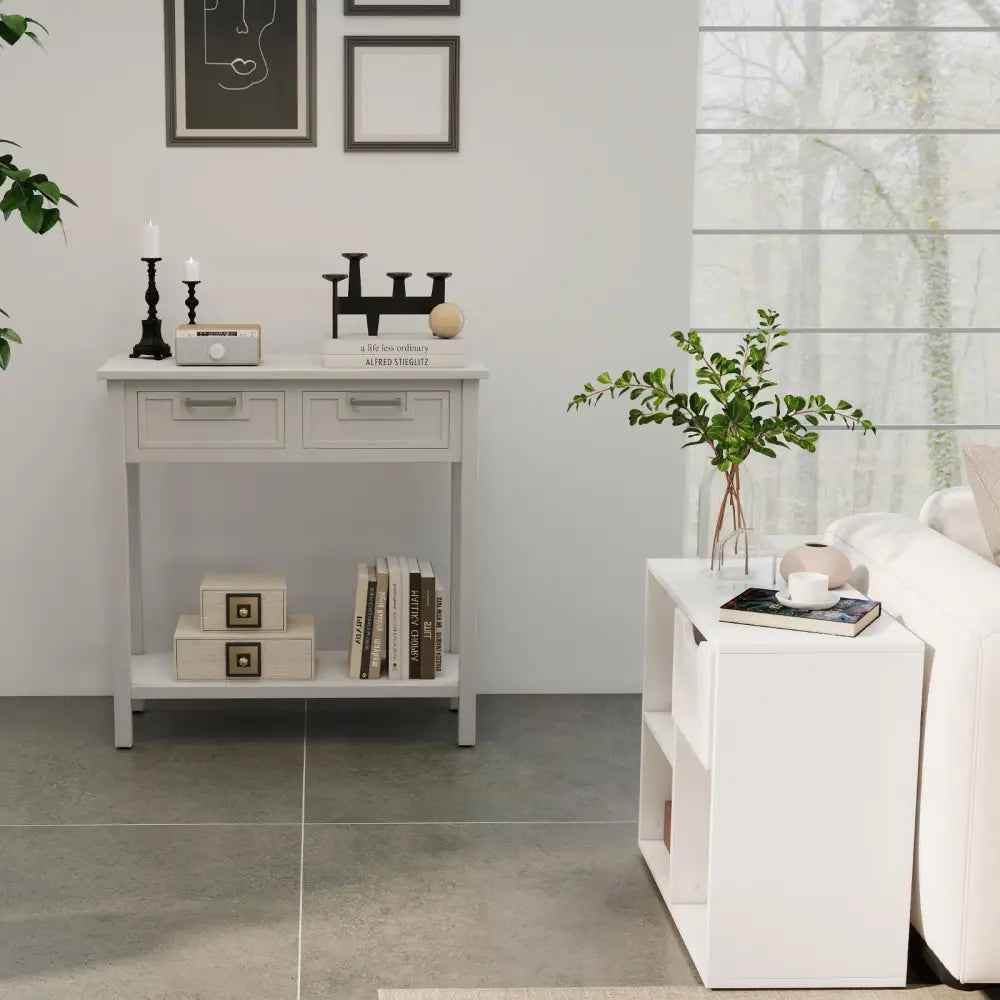 5-Piece Modern Living Room Furniture Set: Side table + Coffee table + Console table + Bookcase + Corner shelf - White