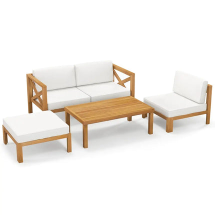 5 Piece Outdoor Conversation Furniture Set with 3 Chairs 1 Ottoman and 1 Coffee Table-White - White - Patio