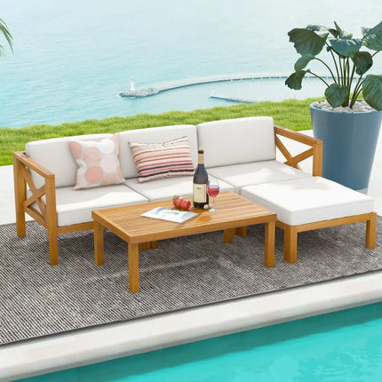 5 Piece Outdoor Conversation Furniture Set with 3 Chairs 1 Ottoman and 1 Coffee Table-White - White - Patio