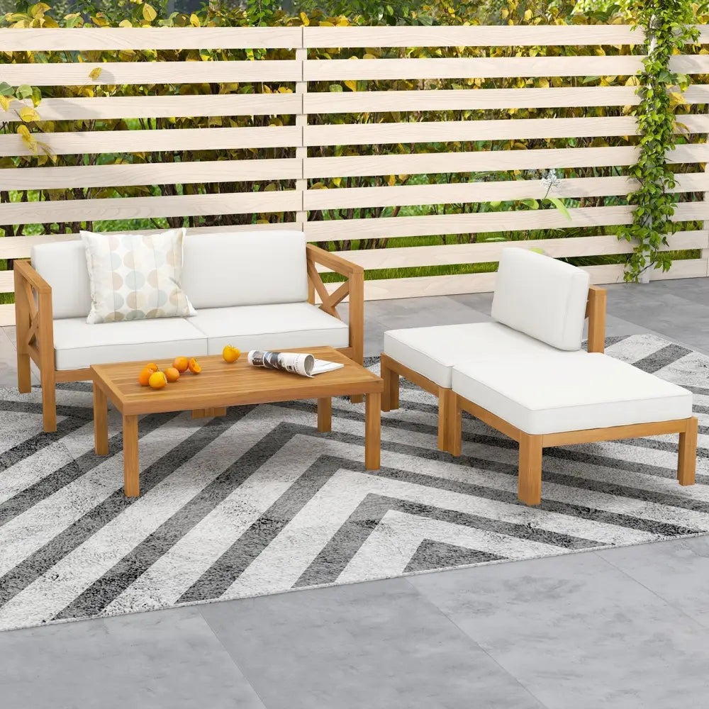 5 Piece Outdoor Conversation Furniture Set with 3 Chairs 1 Ottoman and 1 Coffee Table-White - White - Patio