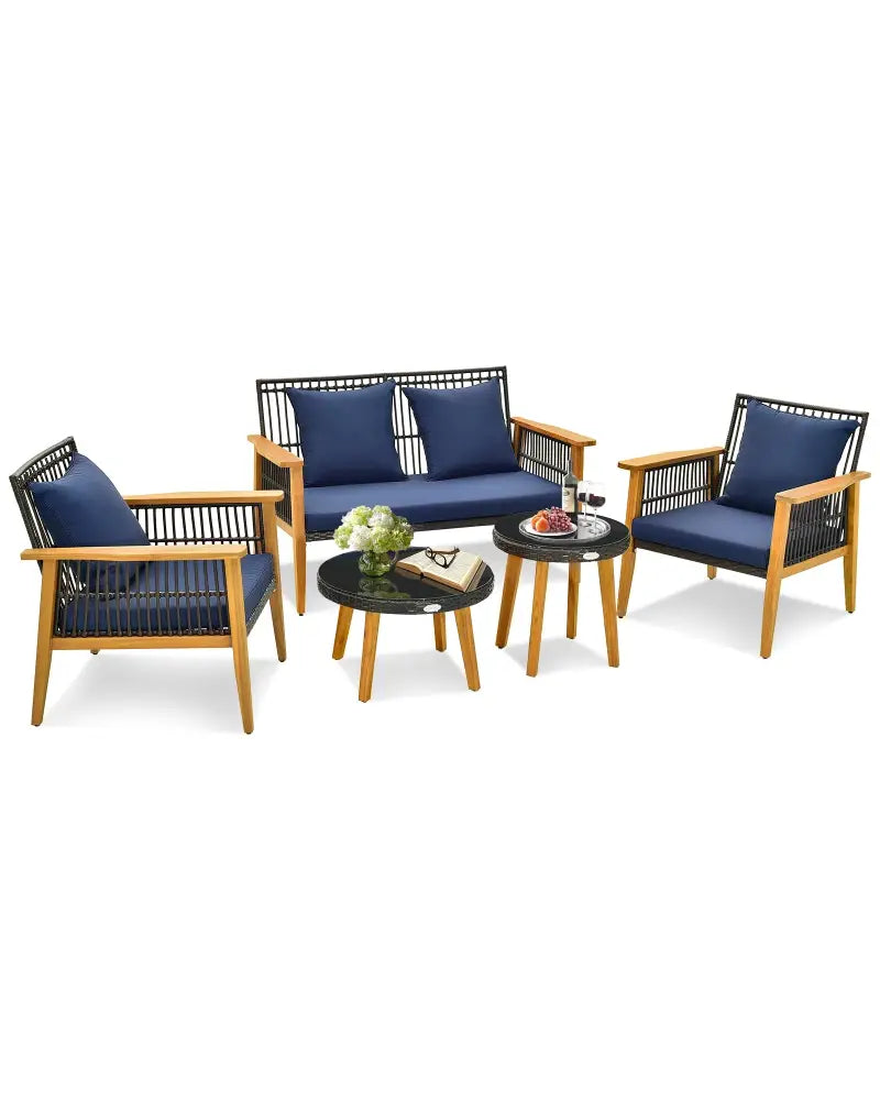 5 Piece Outdoor Conversation Set with 2 Coffee Tables for Backyard Poolside-Navy - Navy - Patio Conversation Sets
