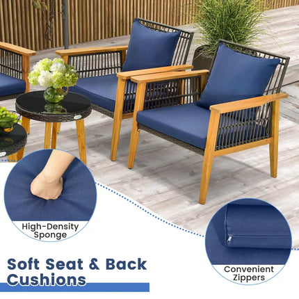 5 Piece Outdoor Conversation Set with 2 Coffee Tables for Backyard Poolside-Navy - Navy - Patio Conversation Sets