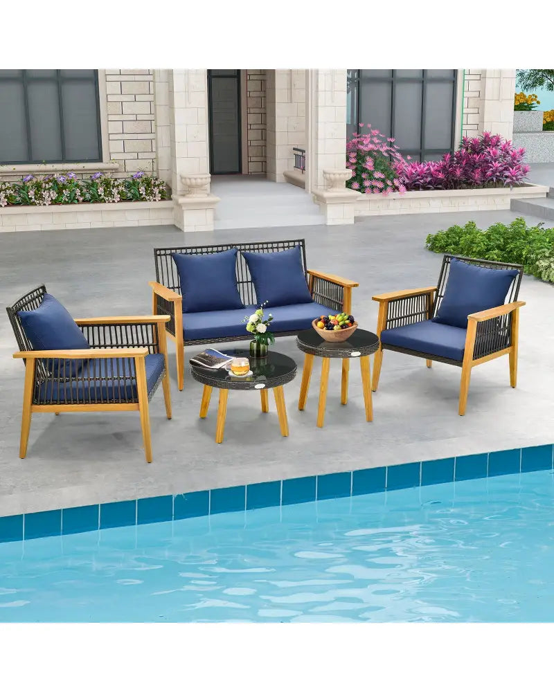 5 Piece Outdoor Conversation Set with 2 Coffee Tables for Backyard Poolside-Navy - Navy - Patio Conversation Sets