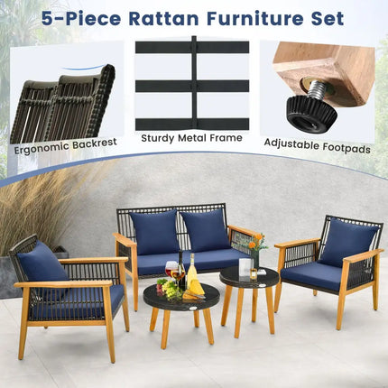 5 Piece Outdoor Conversation Set with 2 Coffee Tables for Backyard Poolside-Navy - Navy - Patio Conversation Sets
