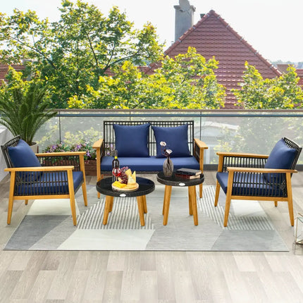 5 Piece Outdoor Conversation Set with 2 Coffee Tables for Backyard Poolside-Navy - Navy - Patio Conversation Sets