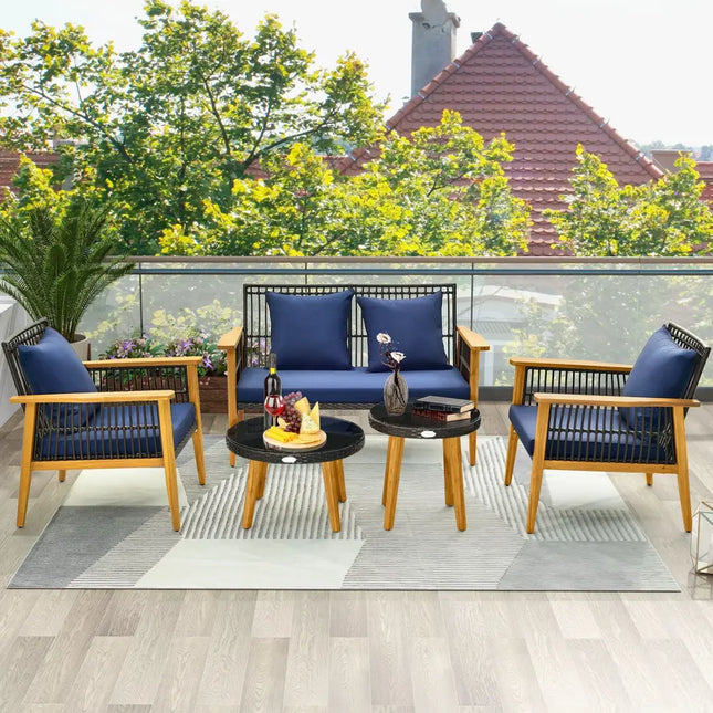 5 Piece Outdoor Conversation Set with 2 Coffee Tables for Backyard Poolside-Navy - Navy - Patio Conversation Sets