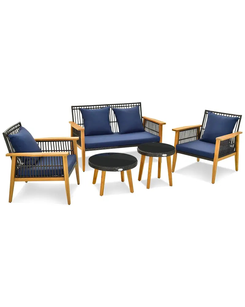 5 Piece Outdoor Conversation Set with 2 Coffee Tables for Backyard Poolside-Navy - Navy - Patio Conversation Sets
