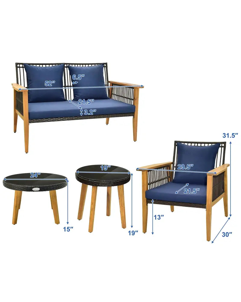 5 Piece Outdoor Conversation Set with 2 Coffee Tables for Backyard Poolside-Navy - Navy - Patio Conversation Sets