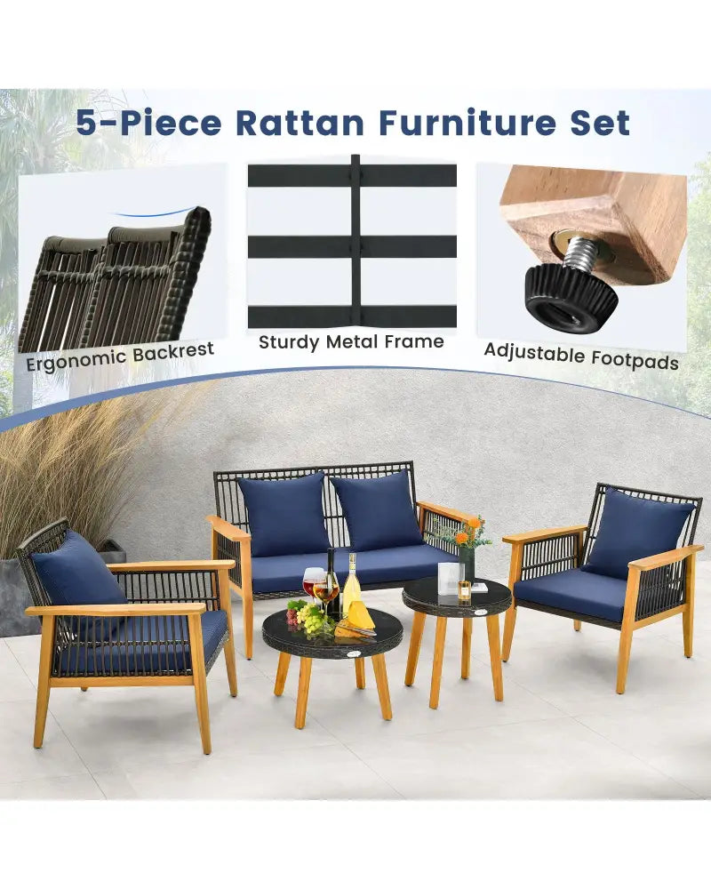 5 Piece Outdoor Conversation Set with 2 Coffee Tables for Backyard Poolside-Navy - Navy - Patio Conversation Sets