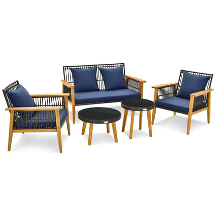 5 Piece Outdoor Conversation Set with 2 Coffee Tables for Backyard Poolside-Navy - Navy - Patio Conversation Sets