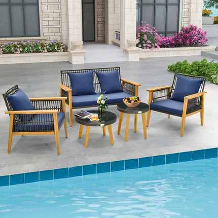 5 Piece Outdoor Conversation Set with 2 Coffee Tables for Backyard Poolside-Navy - Navy - Patio Conversation Sets