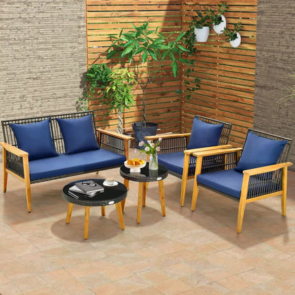5 Piece Outdoor Conversation Set with 2 Coffee Tables for Backyard Poolside-Navy - Navy - Patio Conversation Sets