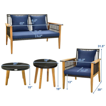 5 Piece Outdoor Conversation Set with 2 Coffee Tables for Backyard Poolside-Navy - Navy - Patio Conversation Sets