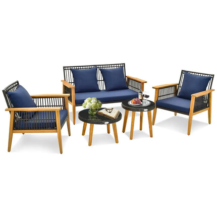 5 Piece Outdoor Conversation Set with 2 Coffee Tables for Backyard Poolside-Navy - Navy - Patio Conversation Sets