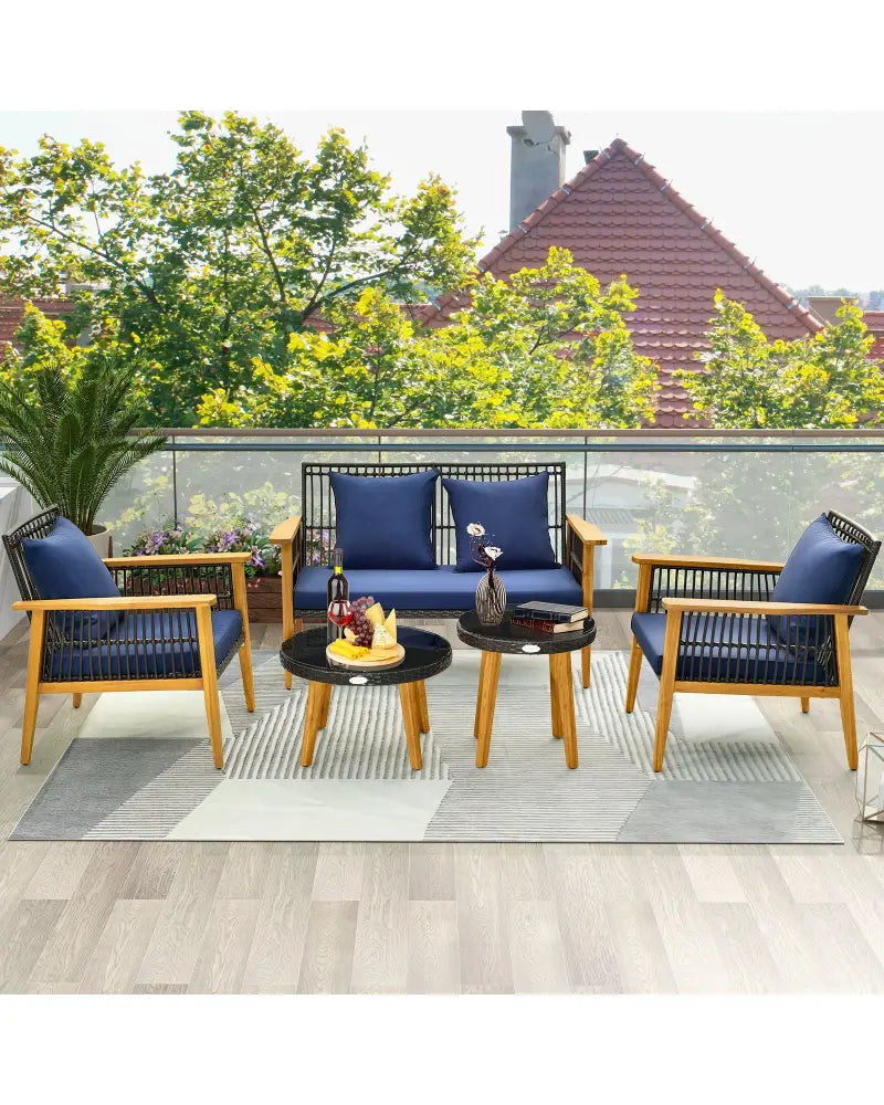 5 Piece Outdoor Conversation Set with 2 Coffee Tables for Backyard Poolside-Navy - Navy - Patio Conversation Sets