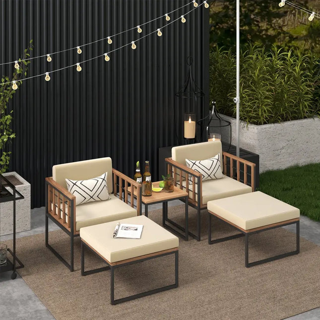 5 Piece Outdoor Furniture Set Acacia Wood Chair Set with Ottomans and Coffee Table-Beige - Beige - Patio Conversation