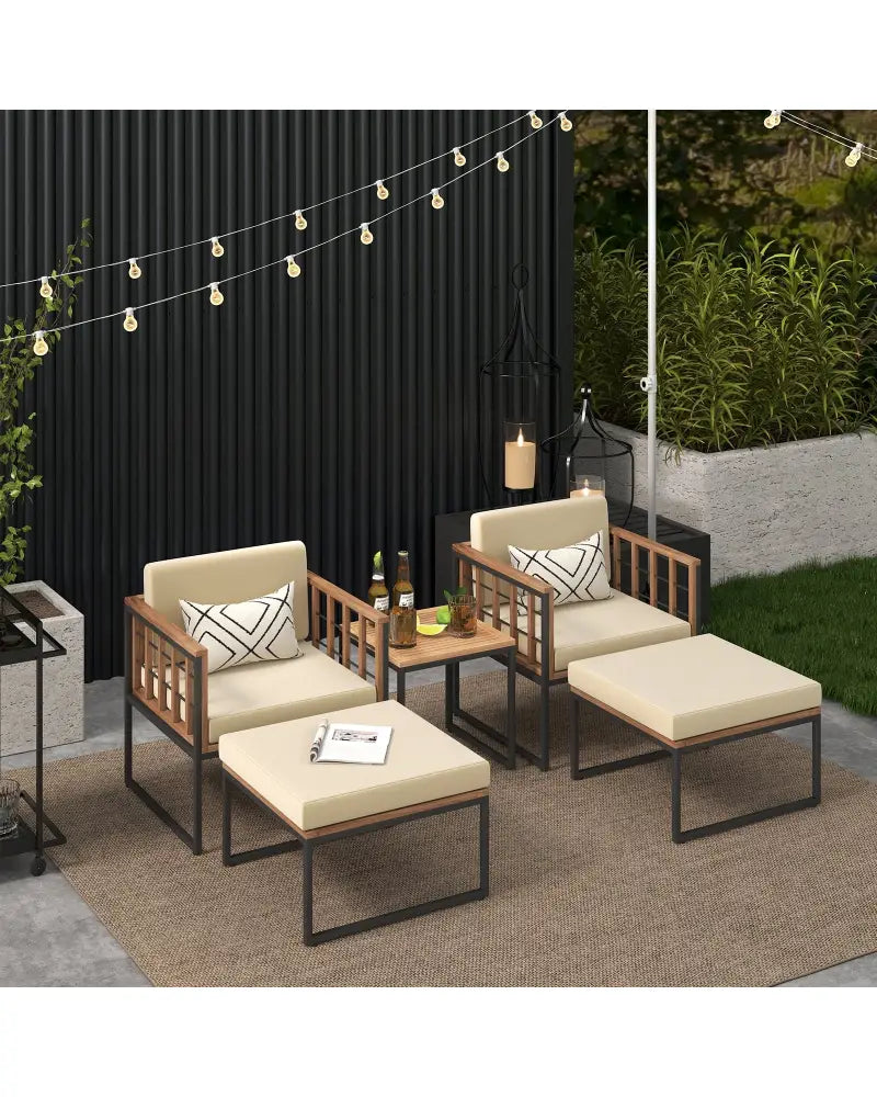5 Piece Outdoor Furniture Set Acacia Wood Chair Set with Ottomans and Coffee Table-Beige - Beige - Patio Conversation
