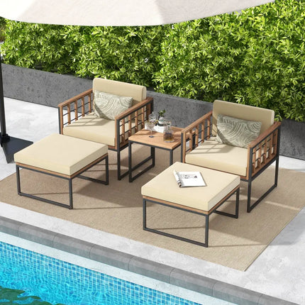 5 Piece Outdoor Furniture Set Acacia Wood Chair Set with Ottomans and Coffee Table-Beige - Beige - Patio Conversation