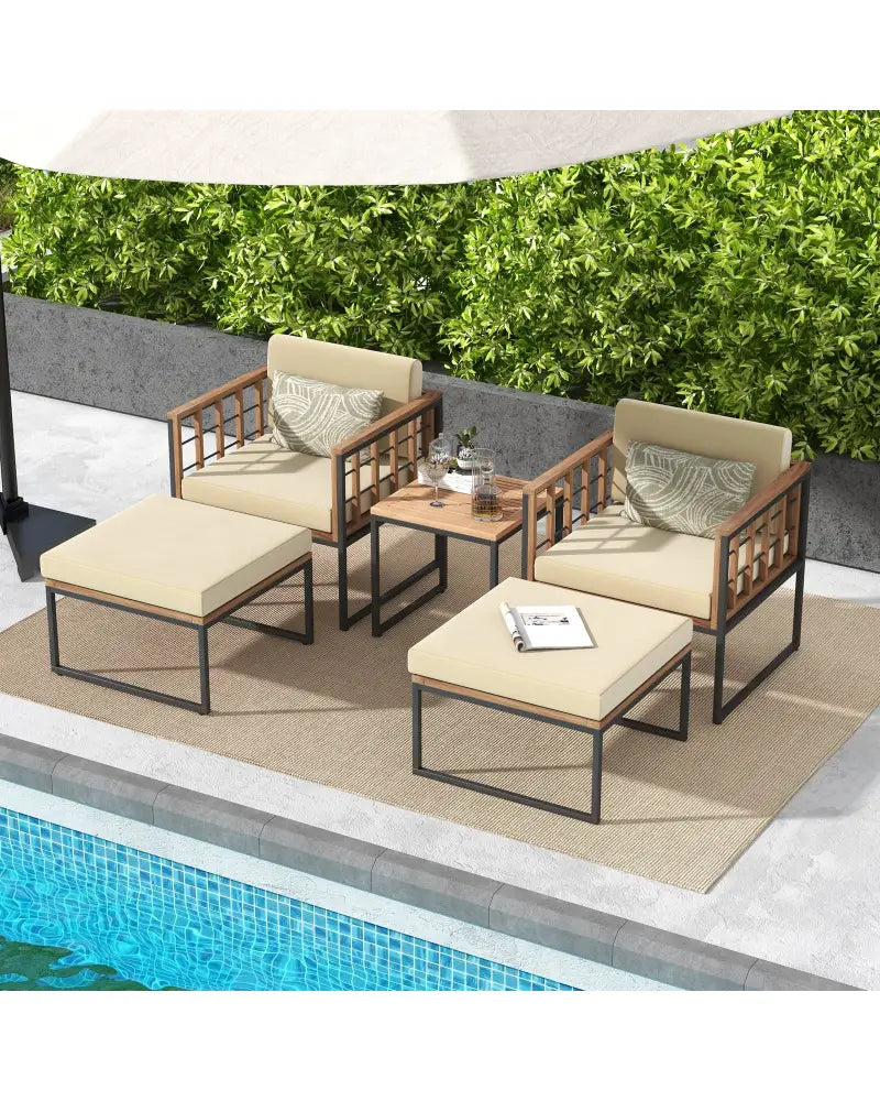 5 Piece Outdoor Furniture Set Acacia Wood Chair Set with Ottomans and Coffee Table-Beige - Beige - Patio Conversation